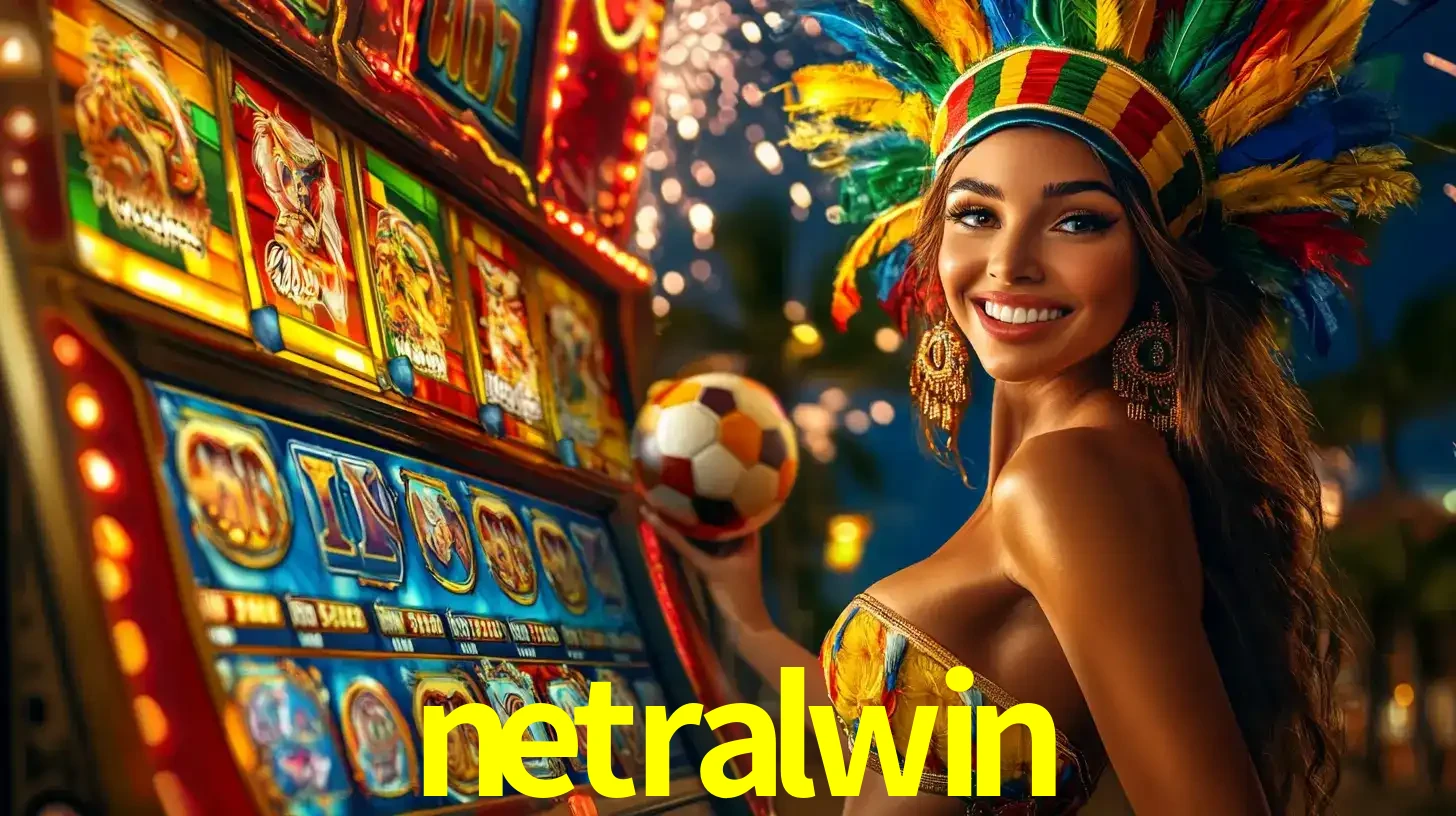 Mulher com um cocar de carnaval ao lado de uma máquina de caça-níqueis enquanto segura uma bola de futebol, mostrando a união da diversão de cassino e esportes no netralwin.