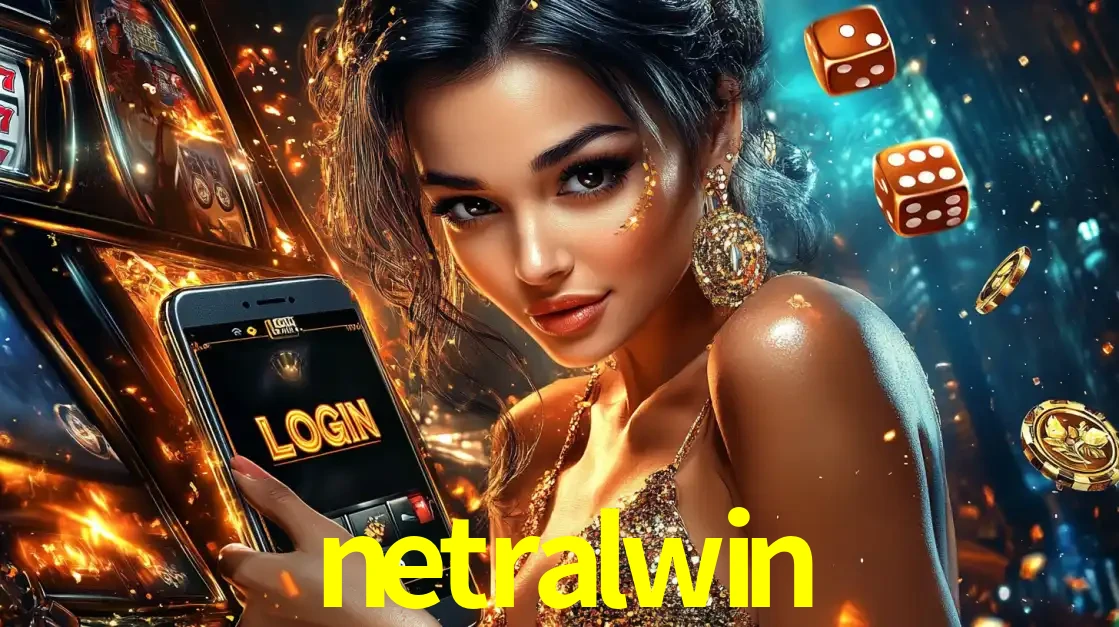 Mulher glamourosa segurando um celular com a tela de login do cassino netralwin, rodeada por dados e moedas douradas, pronta para começar a diversão.