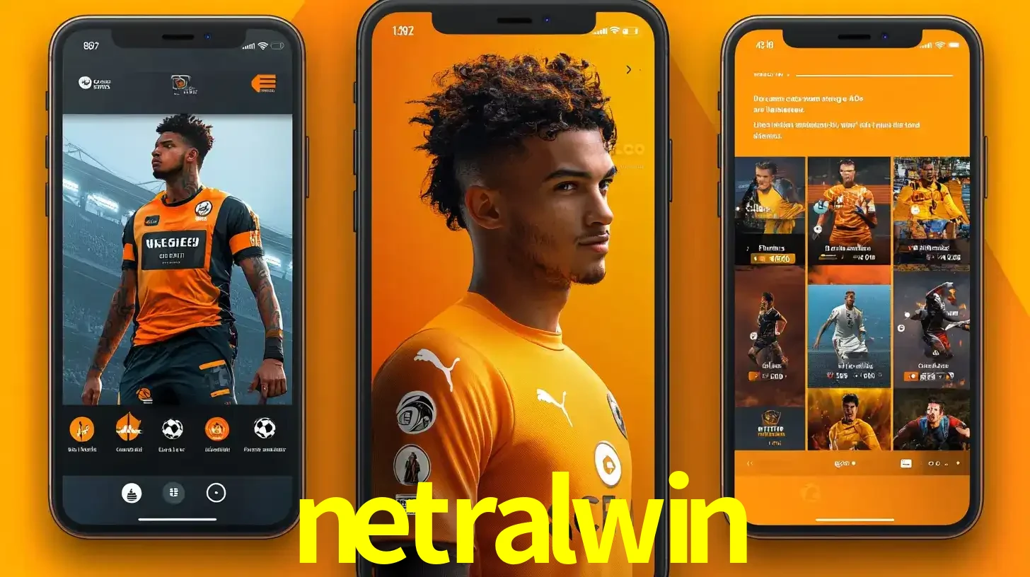 Interface do aplicativo de apostas esportivas netralwin em três telas de celular, mostrando o perfil de um jogador de futebol e a lista de jogos disponíveis para apostar.
